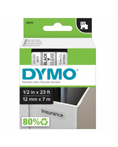 Cinta Dymo D1 en plástico de 12 mm color transparente