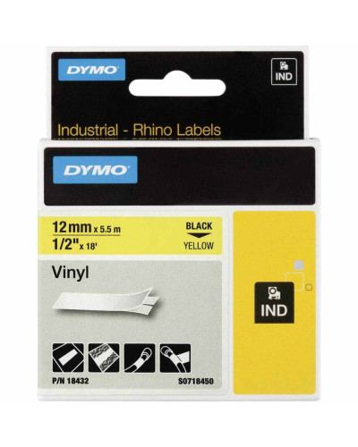 Cinta Dymo Rhino en vinilo de 12mm fondo amarillo